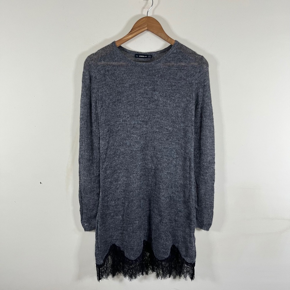 Zara Wool Mohair Blend Lace Trim Mini Sweater Dress Long Sleeve Gray Minimalist